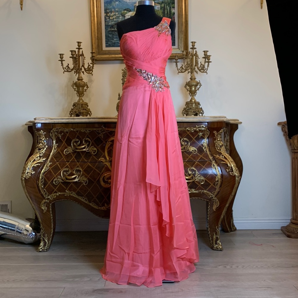 Meier Collection One shoulder rhinestone pleated bodice evening prom dress